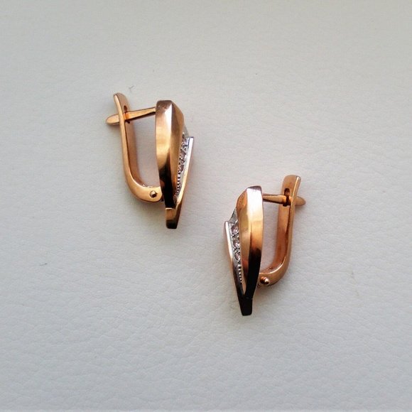 Russian Russia Solid 14K 585 Rose Pink Gold CZ Cluster V Design Pierced Earrings - Picture 2 of 6